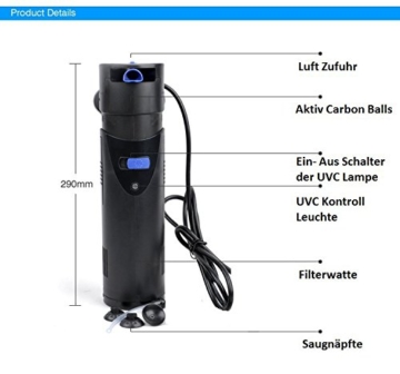 CUP-807 Aquarium Innenfilter inkl. 7 Watt UVC Klärer 700 L/h bis 500l Aquarien - 4