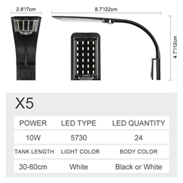 LEDGLE 10W Ultradünnes LED Aquarium Beleuchtung Kompakte Aquarienleuchte Wasserpflanzenbeleuchtung mit leistungsstarkem Clip, IPX7 Wasserdicht, Weiß und Blaulicht (Schwarz) - 2