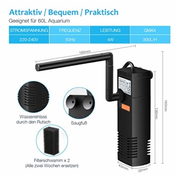 OMORC Aquarien Filter Multifunktionaler Aquarienfilter Aquarium Innenfilter mit 2 Filterschwämmen Austauschbar für 60L Aquarium & Schildkröte Tank -Einstellbarer Durchfluss & Leiser Betrieb - 3