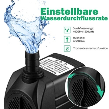 OMORC Aquariumpumpe 1500L/H, Teichpumpe Mini Wasserpumpe widersteht trockenes Brennen(48Std), kleine Tauchpumpe für Aquarium, Teich, Brunnen, Garten Keine Geräusch, Kabel 1,4m + 2 Düsen - 2