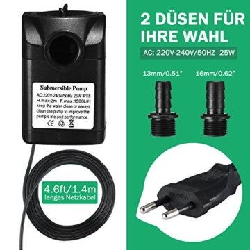 OMORC Aquariumpumpe 1500L/H, Teichpumpe Mini Wasserpumpe widersteht trockenes Brennen(48Std), kleine Tauchpumpe für Aquarium, Teich, Brunnen, Garten Keine Geräusch, Kabel 1,4m + 2 Düsen - 5