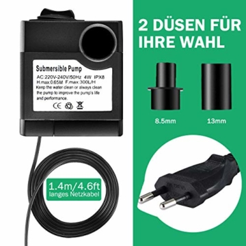 OMORC Aquariumpumpe, Teichpumpe Mini Wasserpumpe widersteht trockenes Brennen(48Std), kleine Tauchpumpe für Aquarium, Teich, Brunnen, Garten Keine Geräusch, Kabel 1,4m + 2 Düsen 300L/H - 5