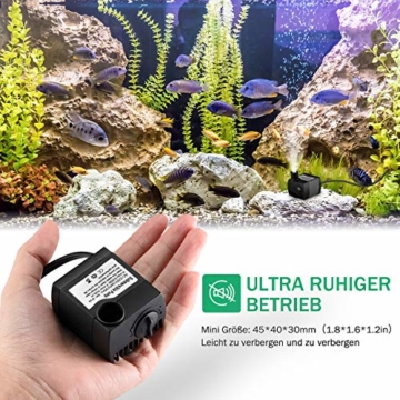 OMORC Aquariumpumpe, Teichpumpe Mini Wasserpumpe widersteht trockenes Brennen(48Std), kleine Tauchpumpe für Aquarium, Teich, Brunnen, Garten Keine Geräusch, Kabel 1,4m + 2 Düsen 300L/H - 6