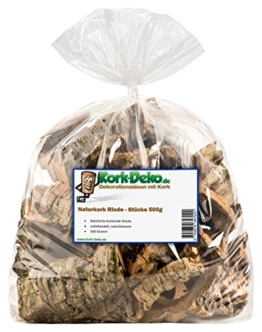 Korkstücke | Korkrinde | gereinigt & desinfiziert (Bruchstücke der Rinde der Korkeiche) 500g-Beutel. Für Haustiere (Nager, Vögel, Terrarium), Hobby und Basteln (Modellbau) oder Deko (Dekoration Blumen, Gestecken, Floristik) - 1