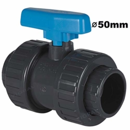 Plimat PVC Kugelhahn Ø 50mm mit 2X Klebemuffe / 2X Verschraubung 16 bar - grau/blau - 1