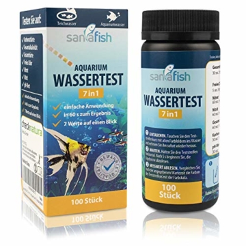 sanafish Wassertest Aquarium 7-in-1 – 100 Teststreifen – Wassertester fürs Aquarium auf GH, KH, pH, NO3, NO2, freies Cl, Gesamtalkalinität – in Dose - inkl. gratis E-Book - 2