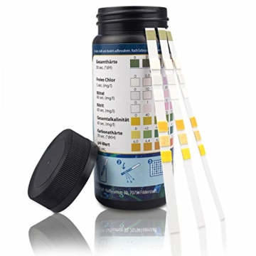 sanafish Wassertest Aquarium 7-in-1 – 100 Teststreifen – Wassertester fürs Aquarium auf GH, KH, pH, NO3, NO2, freies Cl, Gesamtalkalinität – in Dose - inkl. gratis E-Book - 3