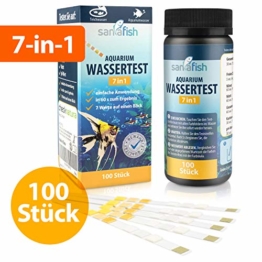 sanafish Wassertest Aquarium 7-in-1 – 100 Teststreifen – Wassertester fürs Aquarium auf GH, KH, pH, NO3, NO2, freies Cl, Gesamtalkalinität – in Dose - inkl. gratis E-Book - 1