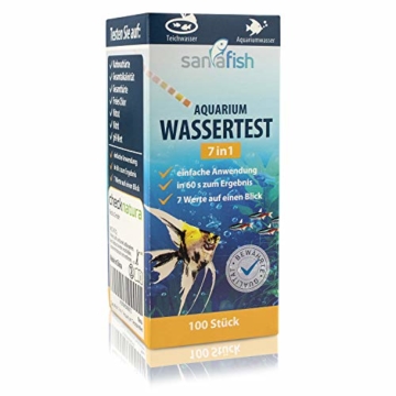 sanafish Wassertest Aquarium 7-in-1 – 100 Teststreifen – Wassertester fürs Aquarium auf GH, KH, pH, NO3, NO2, freies Cl, Gesamtalkalinität – in Dose - inkl. gratis E-Book - 7
